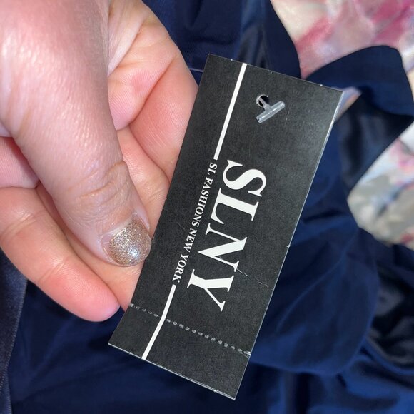 SLNY - 9141152 LONG HALTER Solid BODICE FLORAL A-LINE Dress NWT Navy Purple Pink - Picture 10 of 12